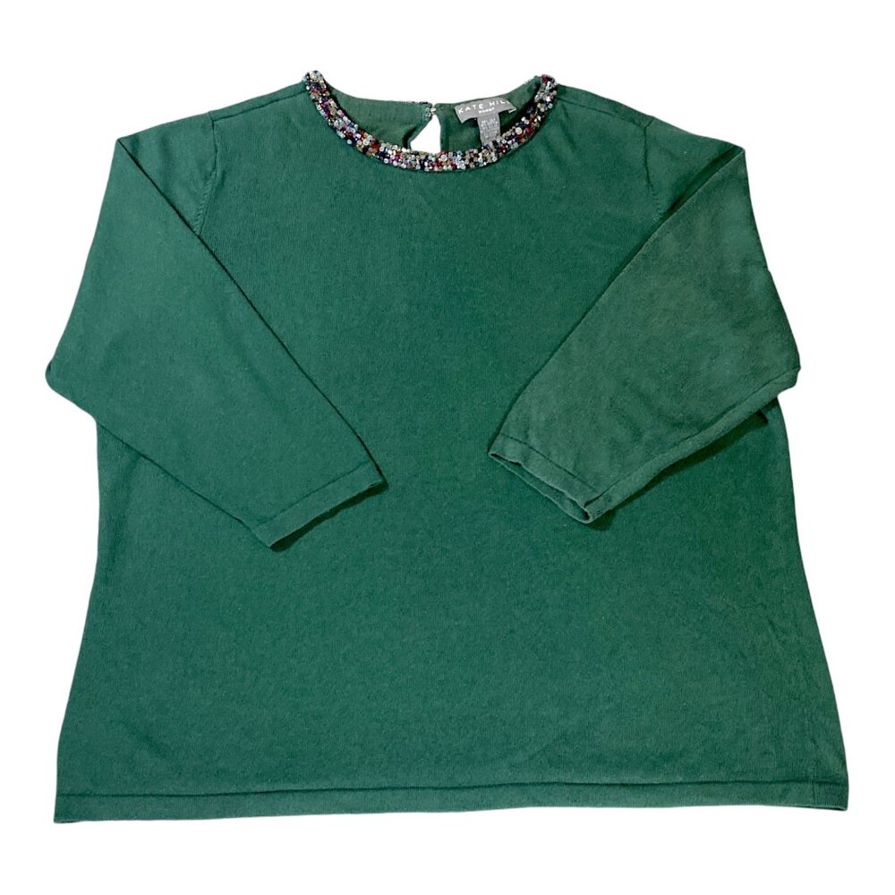 Kate Hill Top Womens 1X Green Beaded Round Neck Sweater Keyhole Knitwear Office